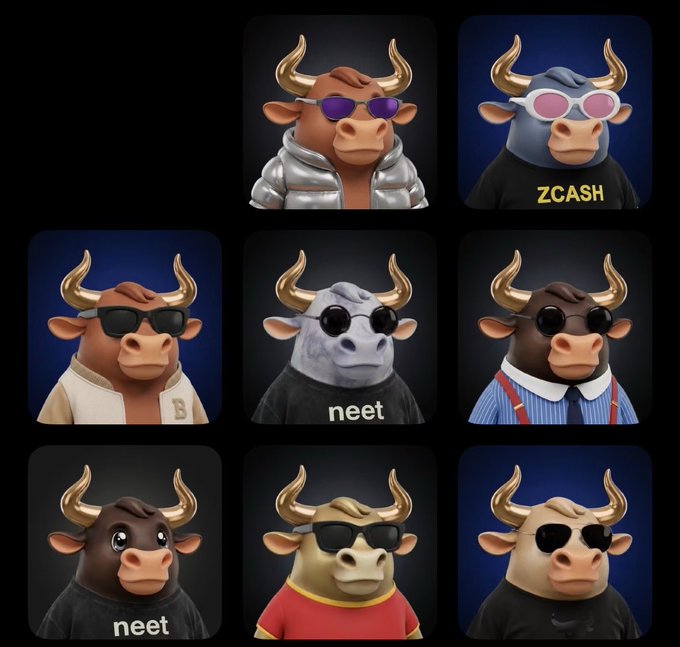 A grid of nine cartoon bull mascots with horns, each wearing sunglasses and different outfits including a "ZCASH" shirt and shirts reading "neet".