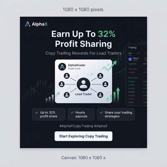 A 1080x1080 promotional graphic for AlphaX advertises "Earn Up To 32% Profit Sharing" through Copy Trading rewards for Lead Traders, featuring an AlphaXtrader profile card illustration, three benefit highlights (up to 32% profit share, hourly payouts, strategy sharing), and a "Start Exploring Copy Trading" call-to-action button. The image visually reinforces the post's appeal by highlighting the 32% profit-sharing rate and hourly payouts mentioned in the testimonial about AlphaX's Copy Trading feature for skilled traders.