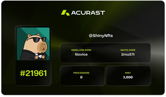 A user profile dashboard for the "ACURAST" platform showing the user @ShinyNfts, with a cartoon bear avatar (#21961), Invite Code 2mu57t, Rebellion Rank "Novice," 0 Processors, and 3,000 MIST tokens.
