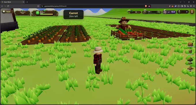 A screenshot of a farming video game showing a character standing in a field of crops near a scarecrow, with a UI element indicating 'Carrot, 26m left'.