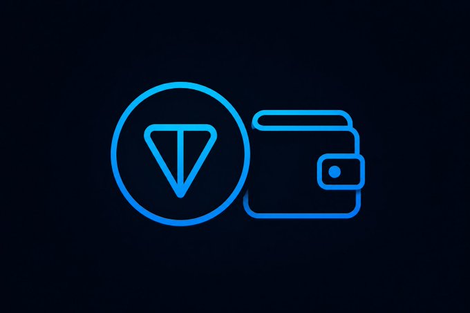 A glowing blue neon icon on a dark background depicting the Tezos (XTZ) cryptocurrency logo next to a wallet symbol.