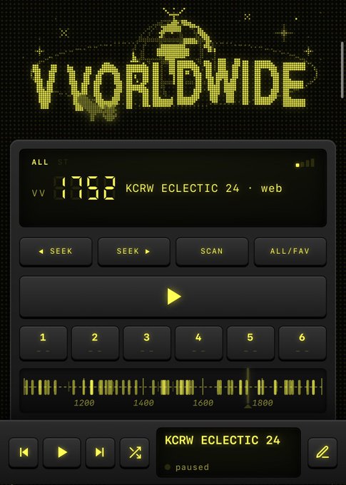 A smartphone-style radio app interface shows a "V WORLDWIDE" logo at the top, currently tuned to "KCRW ECLECTIC 24 - web" at 1752 kHz, with playback controls and a frequency dial.