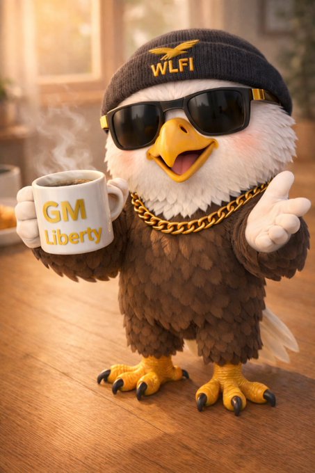 The image features a cartoon eagle wearing sunglasses, holding a coffee cup with its beak open as if it's about to take a sip. The background includes a window and a potted plant, suggesting that this scene takes place indoors. The caption "Gm $WLFI" is written in the bottom right corner of the image, which could potentially be related to the cartoon or the coffee cup being sold by Gm.