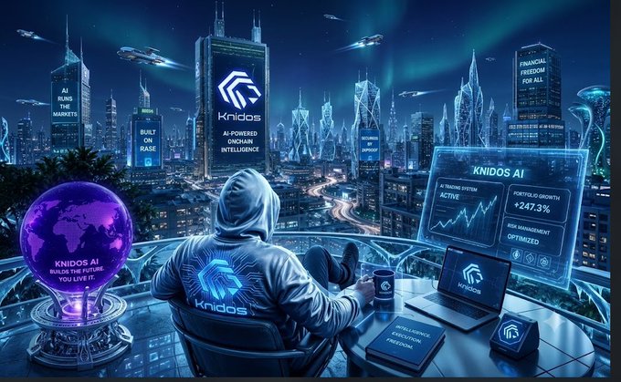 A futuristic digital illustration showing a hooded figure with the Knidos logo overlooking a sci-fi cityscape, with 'KNIDOS AI' interfaces displaying 'AI-Powered Creative Intelligence' and 'Portfolio Growth +247.3%'.