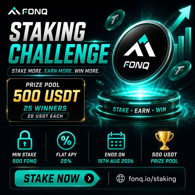 The image is a promotional graphic for the FONQ Staking Challenge, featuring a glowing coin with an upward arrow graphic and key details including a 500 USDT prize pool split among 25 winners (20 USDT each), a 25% flat APY, a minimum stake of 500 FONQ, and an end date of August 15th, 2026, directing viewers to stake at fonq.io/staking.