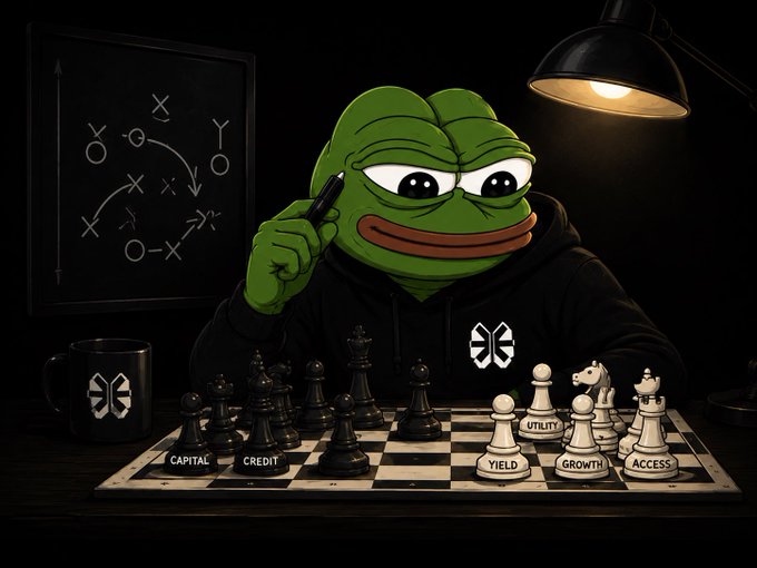 A digital artwork shows a green Pepe-style frog wearing a black hoodie, sitting at a chessboard with chess pieces labeled 'CAPITAL', 'CREDIT', 'UTILITY', 'YIELD', 'GROWTH', and 'ACCESS', while holding a pen near a chalkboard with strategy diagrams.