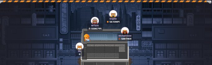 A pixel art video game scene showing a delivery van with three dog characters (MrTachi, REX, Michael Snow) displaying their monetary scores on the city street.