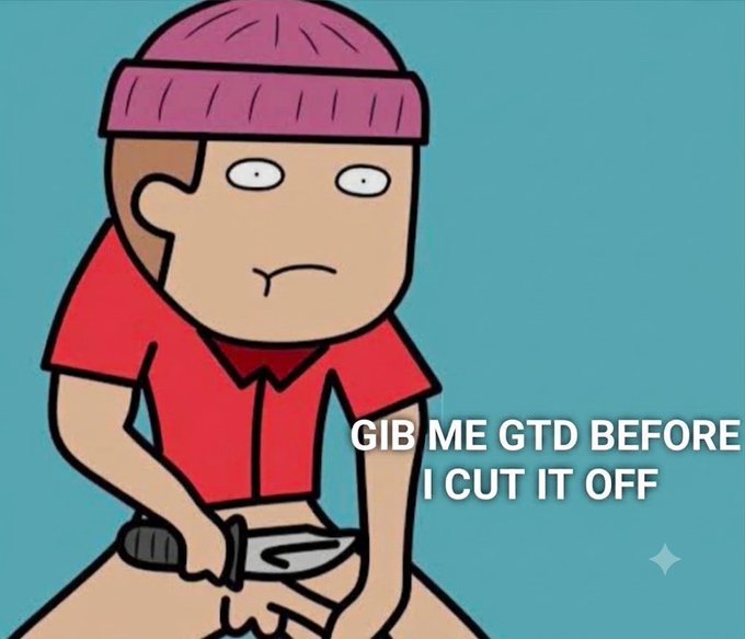 A cartoon character wearing a pink beanie and red shirt holds scissors near their crotch area, with white text reading 'GIB ME GTD BEFORE I CUT IT OFF' overlaid on the image.