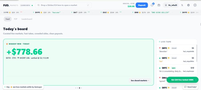 A screenshot of the FUD prediction markets interface showing 'Today's board' with a biggest win of +$778.66 on SETH-ETH, 'SHORT 24h' settled at $2,112.09, and live tape activity on the right.