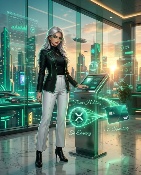 The image shows a silver-haired woman in a black blazer and white pants standing at a futuristic kiosk, with XRP, Visa card, and "From Holding To Spending" and "To Earning" text highlighting a shift from passive crypto holding to active financial utility. The visual reinforces the post's critique by contrasting static "holding" with the promise of seamless spending and earning via XRP and Visa integration.