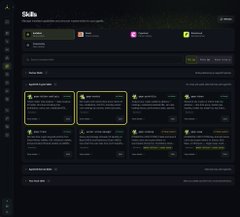 A dark-themed software interface or dashboard titled "Skills" displaying various skill listings with icons and descriptions.