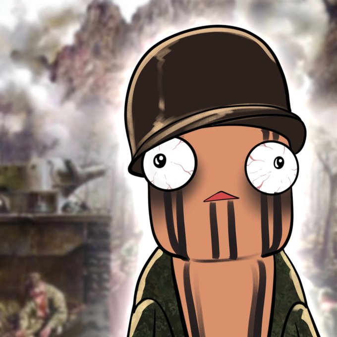 A cartoon-style illustration of a character with a metallic helmet, bloodshot eyes, and a military-style jacket set against a blurred, cloudy background.