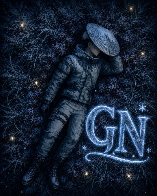 An artistic illustration of a figure in camouflage clothing lying on dark snowy ground wearing a wide-brimmed straw hat, with glowing blue 'GN' text and snowflake effects in the lower right.