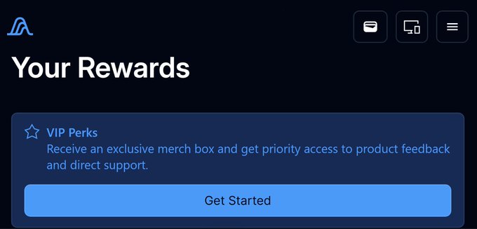 The image shows a "Your Rewards" page with a "VIP Perks" offer stating users receive "an exclusive merch box and get priority access to product feedback and direct support," featuring a "Get Started" button. This aligns with the post's excitement about achieving VIP status on Variational's platform, likely showcasing the rewards unlocked by reaching this milestone.