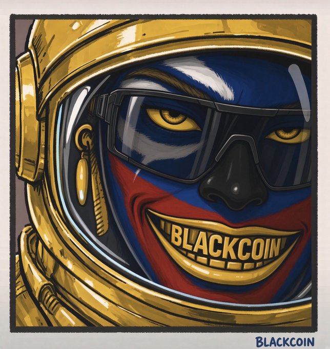 A stylized 'BLACKCOIN' crypto logo featuring a masked character's face in gold, blue, and red tones with a metallic gold helmet border.