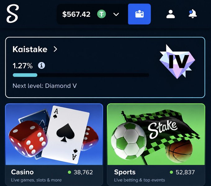 A Stake.com casino dashboard showing a balance of $567.42, a "Kaistake" VIP level at 1.27% progress toward Diamond V, with menu tiles for Casino (38,762 players) and Sports (52,837 players).
