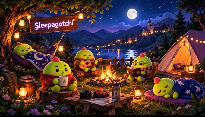 A whimsical digital illustration titled "Sleepagotchi" depicting cute green chick-like characters camping at night near a lake, with some sleeping in hammocks, one playing a ukulele by a campfire, another reading a book, and a cozy tent in the background under a full moon.