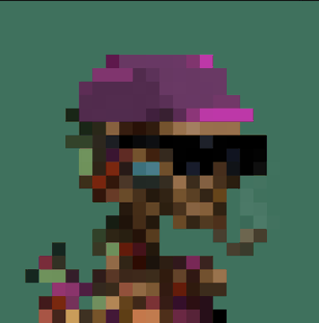 A pixelated, glitch-style character wearing a purple hat and multicolored clothing on a green background.
