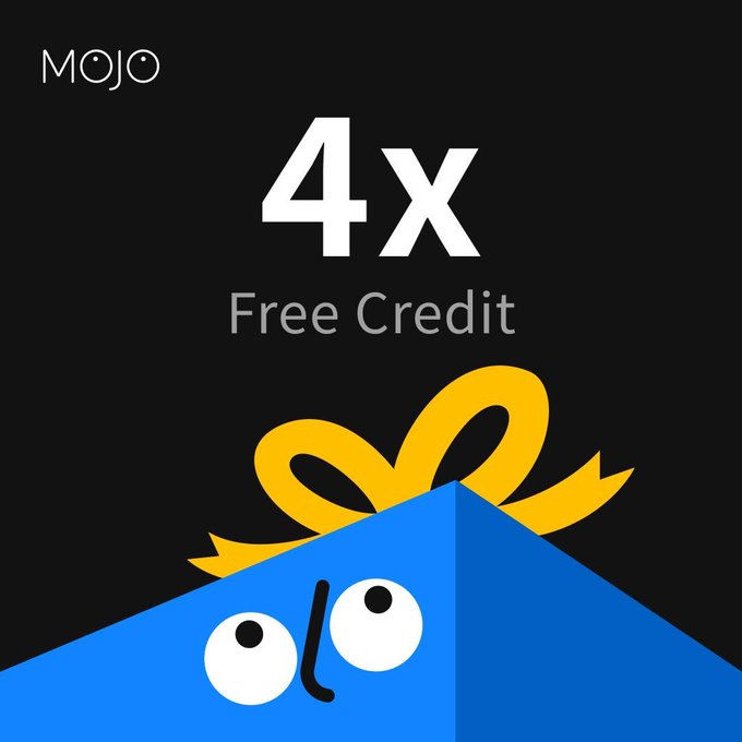 A black advertisement with the text "MOJO" and "4X Free Credit" featuring a blue character peeking from the bottom.
