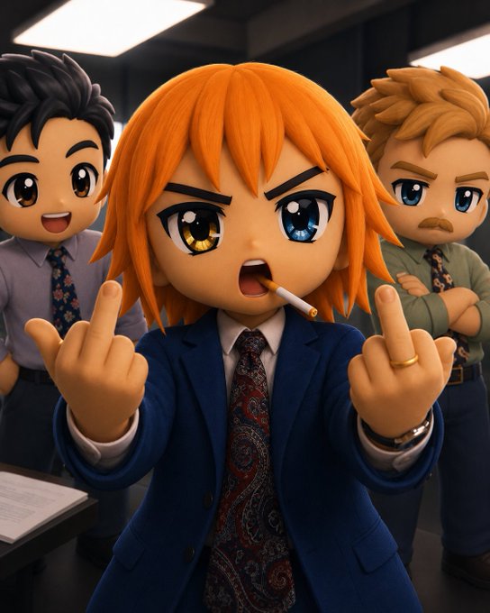 A 3D anime-style rendering of an orange-haired character in a blue suit giving the middle finger with a cigarette in their mouth, flanked by two other characters in an office setting.
