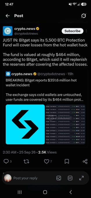 A Twitter/X screenshot from crypto.news reporting that Bitget's $4.64 million Protection Fund will cover losses from a $351.6 million hot wallet hack incident.