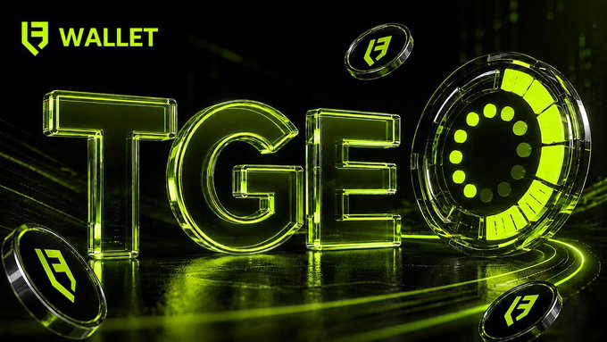 A 3D-rendered neon green graphic with the text 'TGE' next to a circular device, surrounded by floating coins, with the 'WALLET' logo in the top left corner.