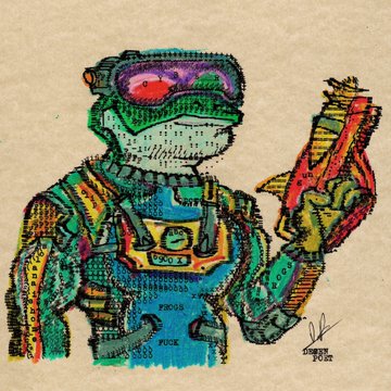 A colorful, illustrated frog clad in a mechanical suit with "POO" labeled on its chest and a pistol in hand, labeled "Green PILOT," mirrors the post's defiant sentiment as the frog-pilot appears ready to fight, symbolizing the author's desire to see Solana succeed.