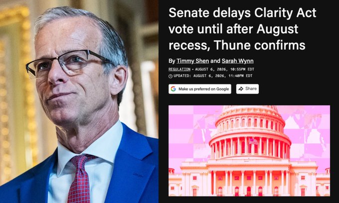 This image shows a news article headline reading "Senate delays Clarity Act vote until after August recess, Thune confirms," featuring a photo of Senator John Thune alongside an illustration of the U.S. Capitol building. The article relates to the accompanying post by reporting on the Senate's postponement of the CLARITY Act vote until after the August recess, aligning with the post's report that lawmakers plan to delay action until September.
