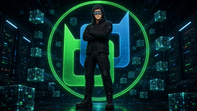 A hooded figure wearing sunglasses and dark clothing stands with crossed arms in front of a glowing green neon logo and digital cubes in a futuristic data center.