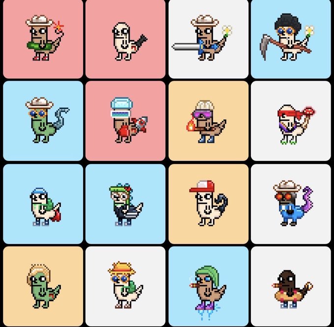 A grid of 16 colorful pixel-art character sprites, each displayed against pastel pink, blue, yellow, or white square backgrounds, showcasing a variety of unique creatures wearing different hats and wielding weapons. The post's playful reference to "Cryptodickbutts" connects to the image as a showcase of pixelated NFT character designs meant to demonstrate their quirky, collectible charm amid renewed NFT skepticism.