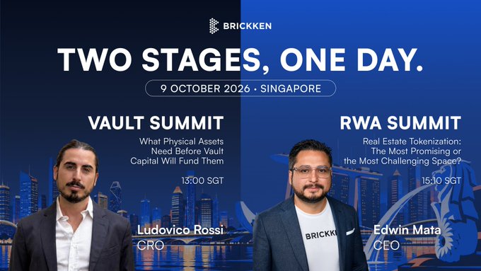 A promotional graphic for Brickken's 'TWO STAGES, ONE DAY' event on 9 October 2026 in Singapore, featuring the Vault Summit and RWA Summit with speakers Ludovico Rossi (CRO) and Edwin Mata (CEO).