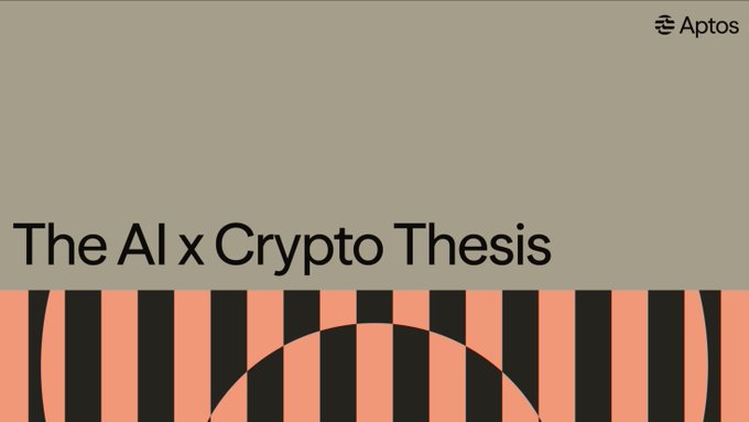 A graphic from Aptos featuring the headline "The AI x Crypto Thesis" in black text on a beige background, with the Aptos logo in the top right corner and an orange-and-black striped pattern with a curved arch design along the bottom. The image visually reinforces the accompanying post's message about Aptos's vision for how blockchain technology can secure data ownership and confidentiality at the intersection of AI and crypto, as discussed by Avery Ching on The Index podcast.