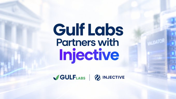 Promotional graphic announcing 'Gulf Labs Partners with Injective,' displaying the logos for both companies against a light, futuristic cityscape background with server racks.
