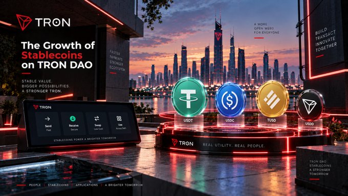 A TRON DAO promotional graphic titled 'The Growth of Stablecoins on TRON DAO' showcasing a futuristic cityscape with four stablecoin tokens displayed: USDT, USDC, TUSD, and USDD, along with the tagline 'REAL UTILITY. REAL PEOPLE.'
