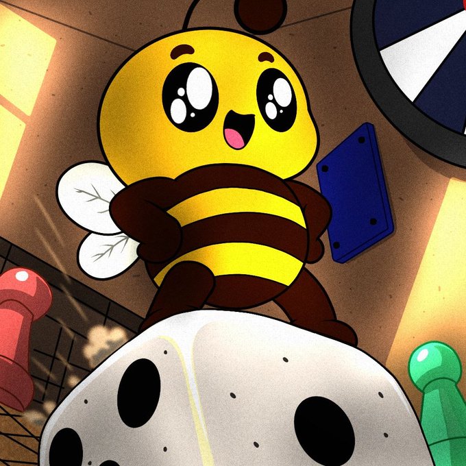 A cartoon bee character with large eyes stands on a white surface with black dots, surrounded by gaming pegs and a dartboard