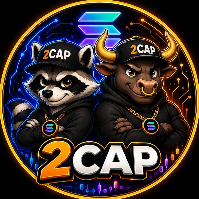 Circular '2CAP' logo featuring a raccoon and a bull mascot wearing caps and chains with Solana medallions, set against a circuit-board background with candlestick charts.