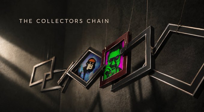 A dark, moody promotional image titled 'THE COLLECTORS CHAIN' featuring a suspended chain of empty and filled picture frames, with two frames displaying pixel-art portraits of monkeys, one in blue tones and one with a vibrant green/pink color scheme.