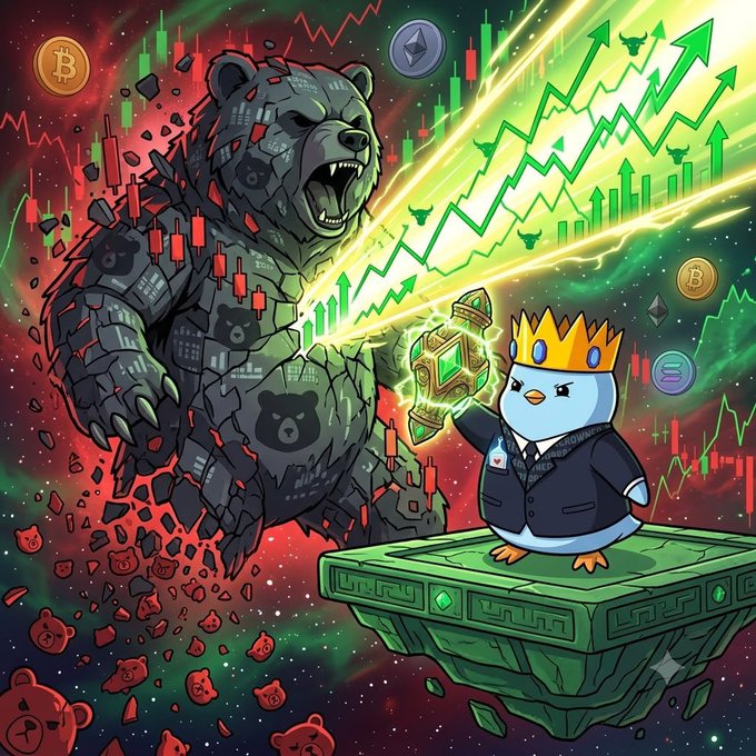 A crowned penguin in a suit wields a glowing treasure on a green pedestal, defiantly facing a cracked, roaring bear amid falling red bearish candles, while bright green upward arrows, multiple Bitcoin (₿) and Ethereum (Ξ) logos, and the ticker "$FERRE" surge behind him—visually contrasting the bearish "hodl" struggle against triumphant bullish momentum for the $FERRE token.
