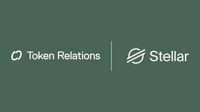 A dark green graphic displaying the logos "Token Relations" and "Stellar" side-by-side with a vertical divider, announcing that Token Relations is now providing coverage of the Stellar ecosystem through a biweekly newsletter subscription.