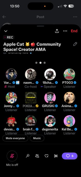 A mobile screenshot of a live audio space on X titled 'Apple Cat 🍎🐱 Community Space! Creator AMA', showing hosts, speakers, and a grid of listener avatars with the mic currently off.