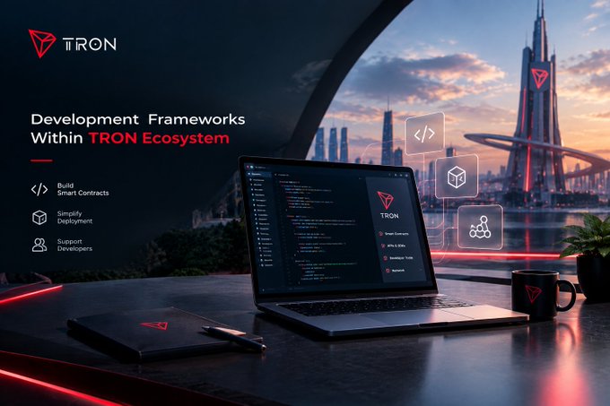 A TRON promotional graphic titled "Development Frameworks Within TRON Ecosystem" highlights "Build Smart Contracts," "Simplify Deployment," and "Support Developers," showing a laptop on a desk with a futuristic skyline backdrop.