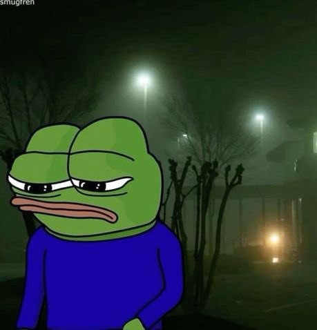 Meme image showing a two-headed sad Pepe the Frog character in a blue shirt against a dark, foggy background with streetlights, labeled "Smugren".