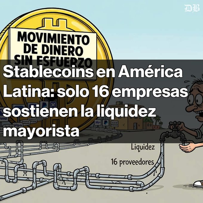 A Spanish-language news graphic featuring cartoon artwork of pipes, with text overlay reading 'Stablecoins en América Latina: solo 16 empresas sostienen la liquidez mayorista' over an image labeled 'MOVIMIENTO DE DINERO SIN ESFUERZO'.