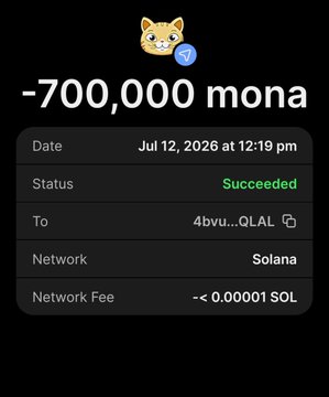 The image shows a completed transaction receipt for a -700,000 MONA token transfer on the Solana network, dated July 12, 2026, confirming the airdrop distribution of 700,000 $MONA tokens to a community member's wallet as part of the promotional giveaway.