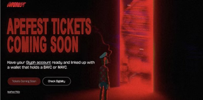 A promotional advertisement reading 'APEFEST TICKETS COMING SOON' with instructions to have a Glyph account ready, featuring 'Tickets Coming Soon' and 'Check Eligibility' buttons.