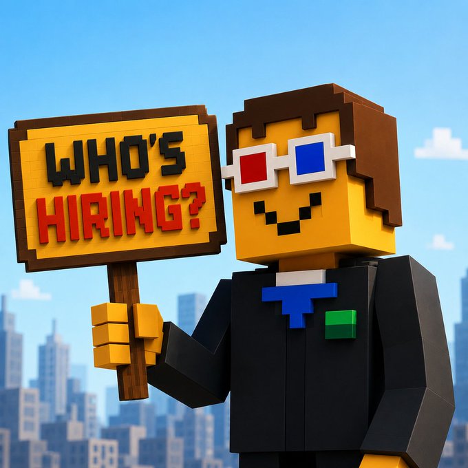 A blocky, pixel-art-style character wearing red-and-blue 3D glasses and a suit holds a yellow "WHO'S HIRING?" sign against a city skyline. The image humorously illustrates the post's message of an experienced Web3 professional searching for their next role in marketing, partnerships, and growth.