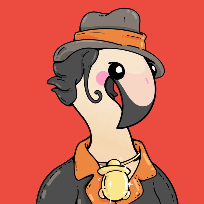 A cartoon flamingo wearing a gray fedora, orange collar, and golden pendant medallion is depicted against a red background, serving as a playful avatar-style illustration to accompany the post celebrating an honorary NFT or token received from @Flamingos_ETH.