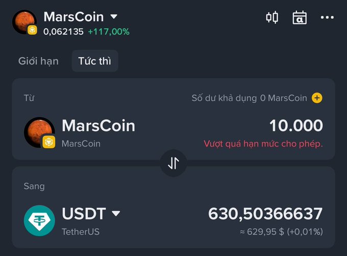 A cryptocurrency swap interface on what appears to be a mobile app, attempting to swap 10.000 MarsCoin for 630.50 USDT (TetherUS), with a warning that it exceeds the allowed limit.