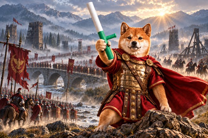 A Shiba Inu dog dressed as a Roman commander in golden armor and a red cape, holding a scroll, with an army and a river behind it.