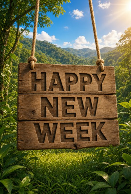 A rustic wooden sign hanging from a rope in a lush, sunlit forest setting displays the carved message "HAPPY NEW WEEK." Rolling green mountains and a bright blue sky with scattered clouds form the scenic backdrop.